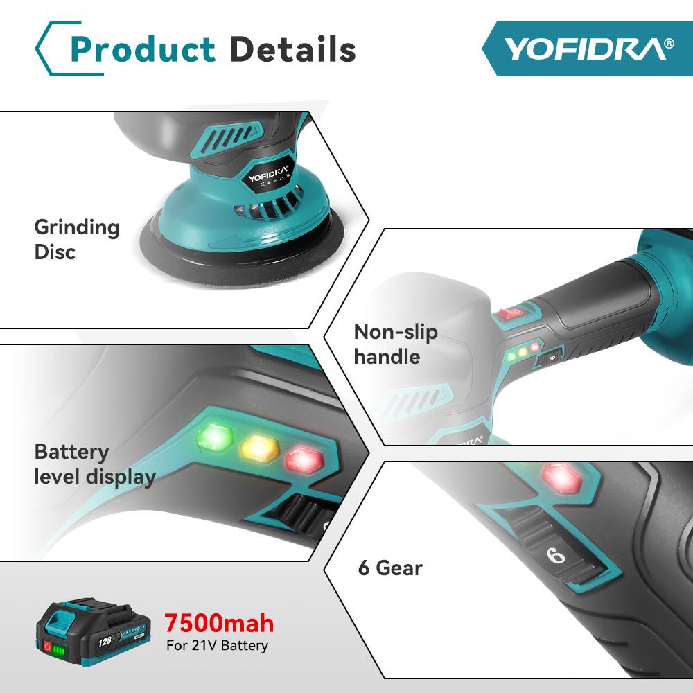 YOFIDRA 6 Gears Car Polisher 7000rpm Electric Polish Automobile  Polishing Sealing Glaze Machine Rotary Tool For 21V 18V Battery