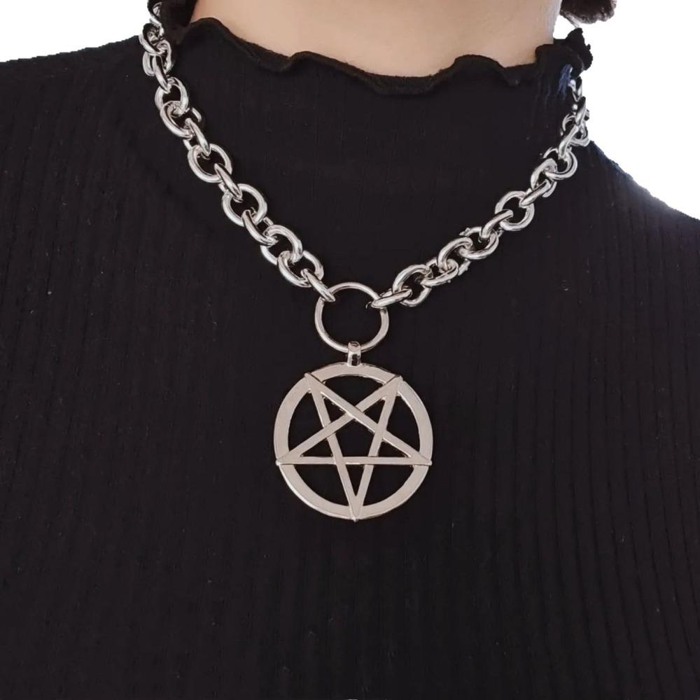 Punk Retro Sliver Color Five-pointed Star Pendant Thick Chain Necklace for Women Men Halloween Gothic Mysterious Power Jewelry