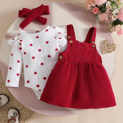 Set Body Neonato con Stampa Cuori e Salopette in Velluto a Coste Autunno/Inverno con Fascia