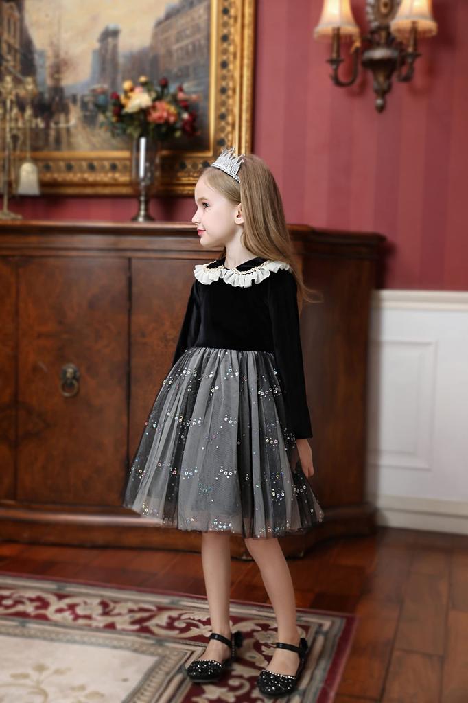 Weileenice Piano Recital Size Long Sleeve Black Princess Mourning Perfect for Memorial and More Dress, 140, Gray, Fall/Winter, Girls' Outfit, Dress,