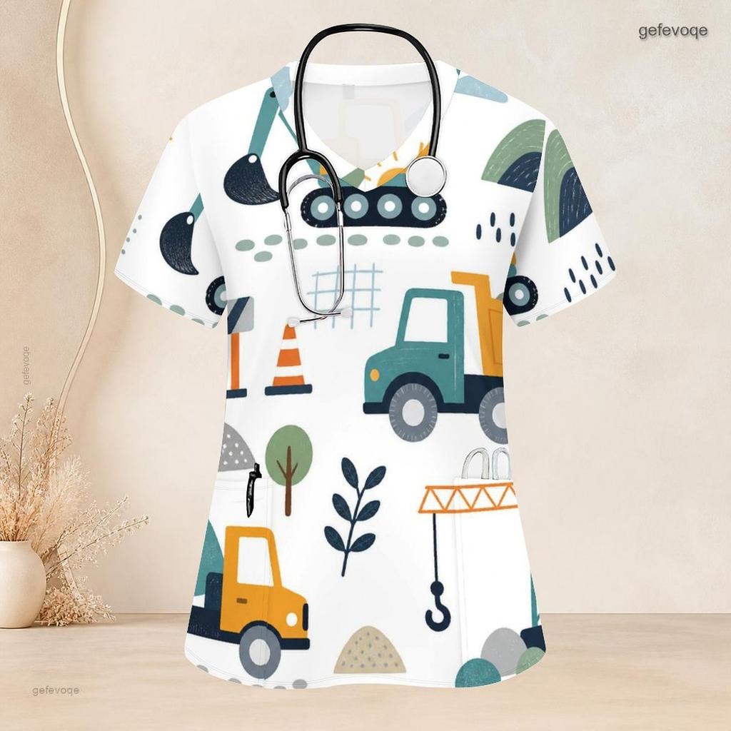 Women Plus Size V Neck Short Sleeve Scrub Top Leopard Heart Golden Feather Ornate Print Nurse Uniform Top