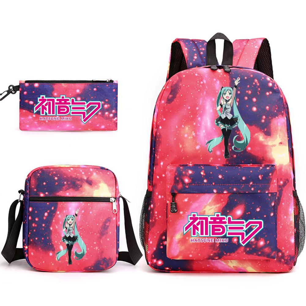 3Pcs/set Anime Cartoon Hatsune Miku Printed Backpack with Shoulder Bag Pencil Case for Teenager Student Boy Girl Large Capacity Waterproof Schoolbag