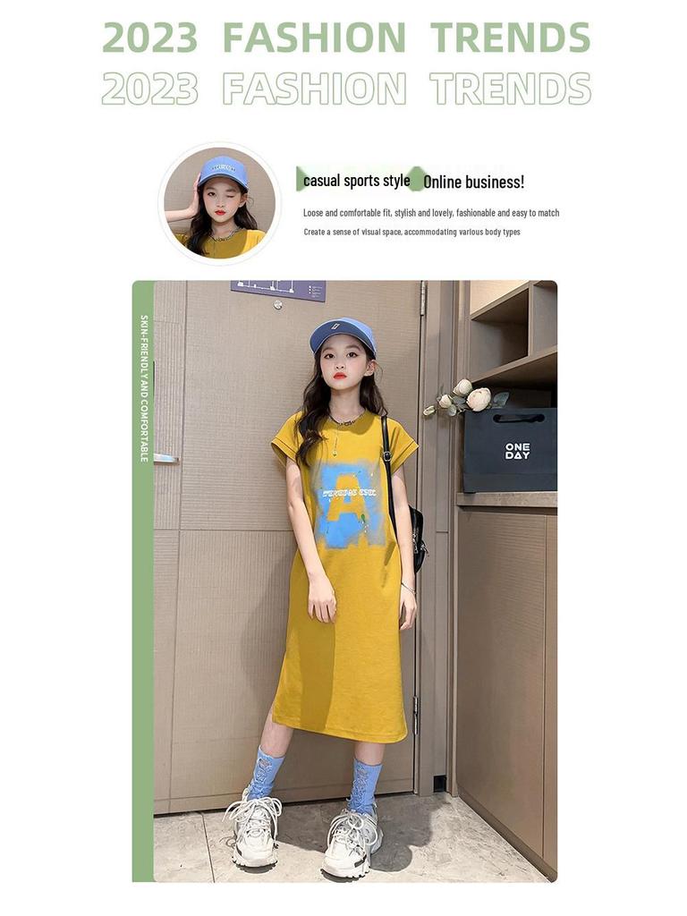 Girls' Casual Korean Style T-Shirt Dress - Summer Western Skirt for 12-Year-Olds