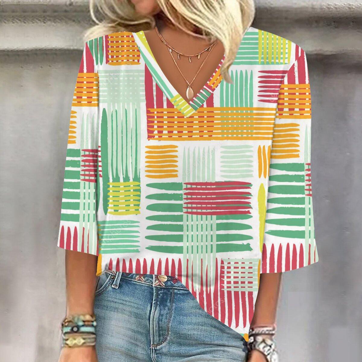 

Весна и осень 2023, новый модный женский повседневный топ с v-образным вырезом и рукавом 3/4 с принтом, размер гной