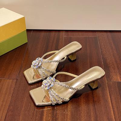 Fashion Fashion Sequin Slippers Women's Square Head Shallow Mouth Flower Fine Strap Toe Slip-resistant Kitten Heels