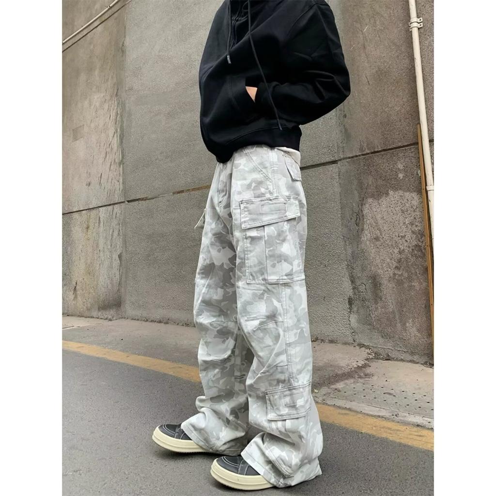 American Street Snow Camouflage Tooling Jeans Men's and Women's High Street Silhouette Splicing Multi-pocket Layered Casual Pants