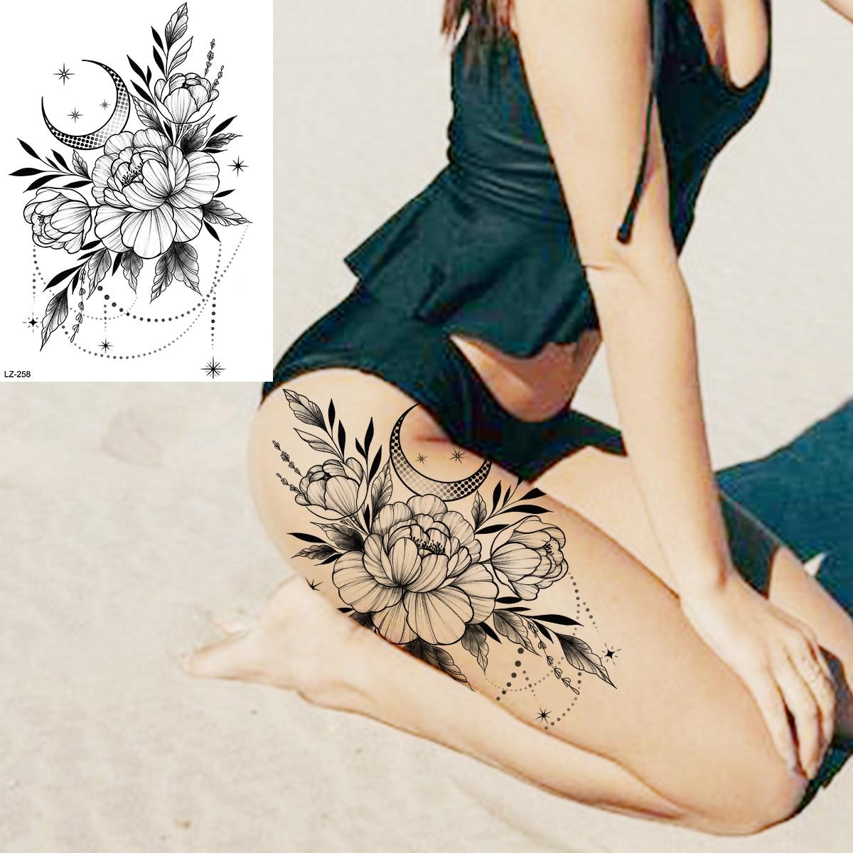 

Черный цветок, луна, временные татуировки для женщин и девочек, реалистичная змея, цветок, бедро, лицо, череп, поддельные татуировки, наклейки, татуировки на ноги