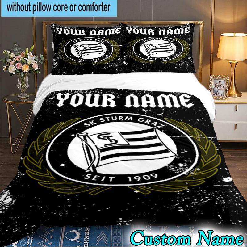 Benutzerdefinierter Name Sturm Graz Fußballwappen 3-teiliges Bettwäscheset für Schlafzimmer Studentenwohnheim, inklusive 1 Bettbezug und 2 Kissenbezügen, große Größe, Fangeschenk