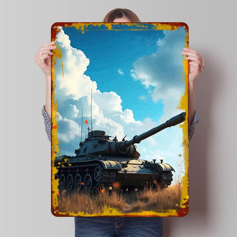 Tank In Field Sky Printed Poster Customized Wall Art Retro Vintage Metal Tin Signs for Aesthetic Room Decor Men Man Cave Home