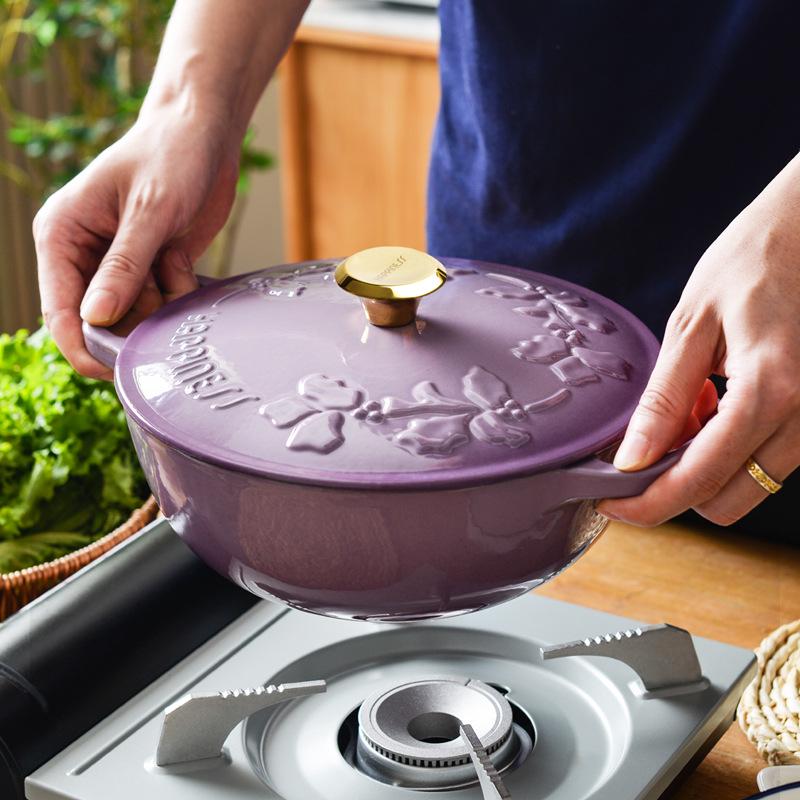 Little Happiness 23cm Non-stick Enamel Embossed Soup & Stew Pot, Induction Compatible