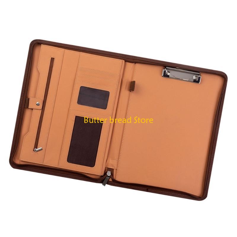W89C Leather Conference Folder Zippered Business Document Case with Calculator Clipboard Multiple Pocket Card Holder Pen Slot