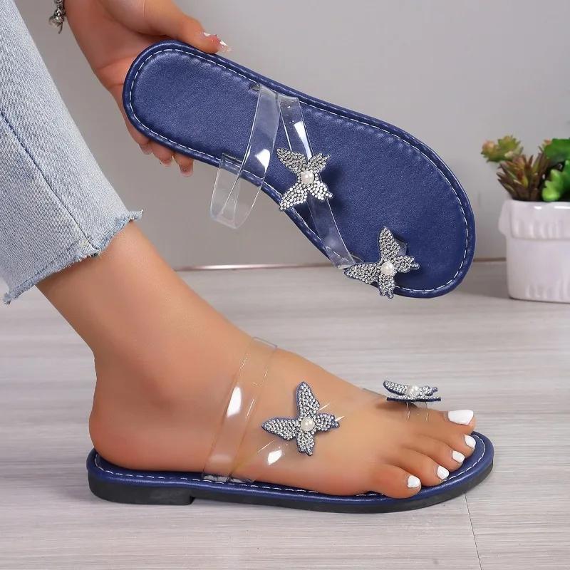 Summer Women's Butterfly Slippers Flat Transparent Strip Toe Condom Sandalias De Mujer Daily Commute Beach Zapatillas De Mujer