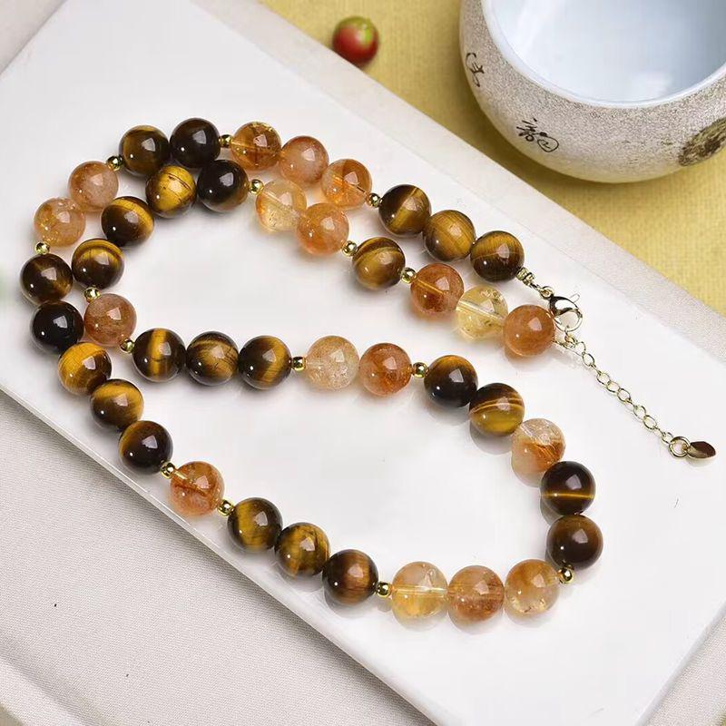 Ожерелье с цитриновым желтым топазом и тигровым глазом - Женская простая цепочка на ключицу и для свитера