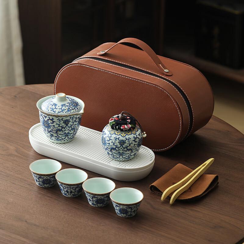 Ailan Huijia Sky Blue Intertwined Lotus Gift Tea Set One pot, four cups, tea caddy, tea tray
