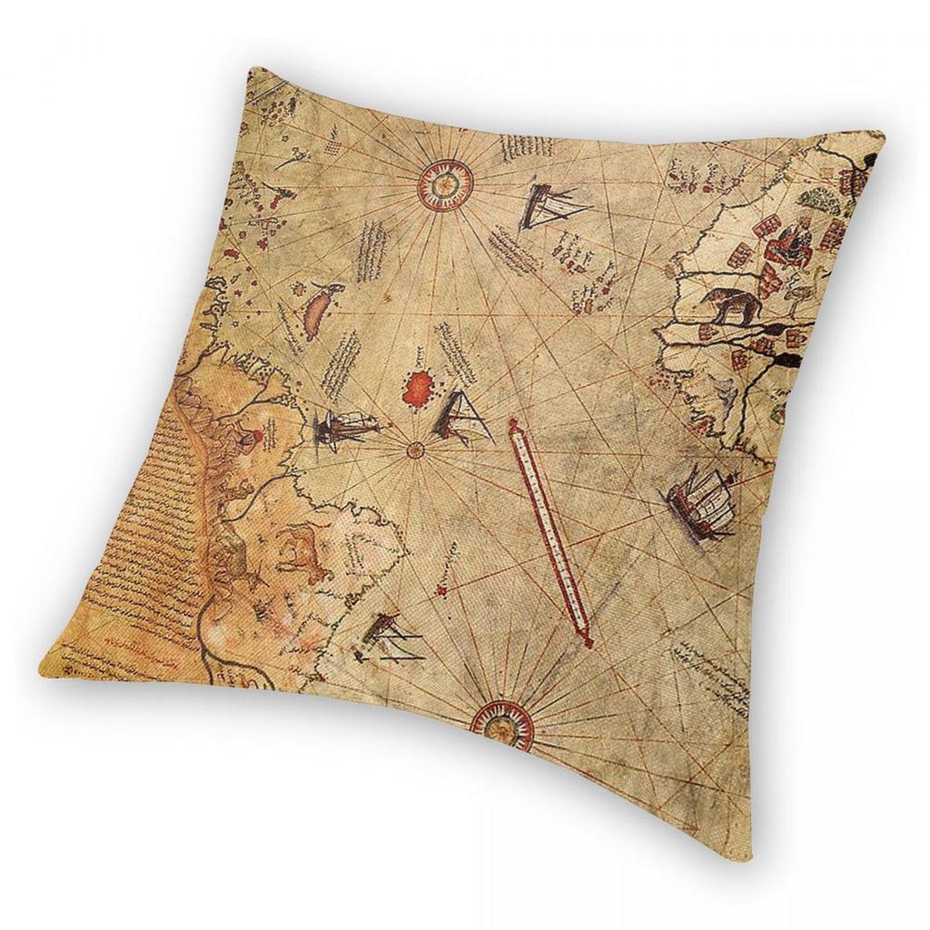 Federa per Cuscino Quadrata Mappa di Piri Reis Poliestere Lino Velluto Fantasia Cerniera Decorativa Federa Copricuscino per Casa