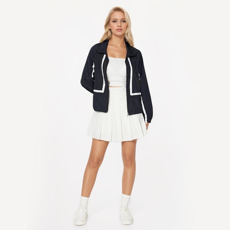 Herbst Damen Sonnenbekleidung Revers Gestreiftes Splicing Locker Langärmlig Reißverschluss Dünne Jacke