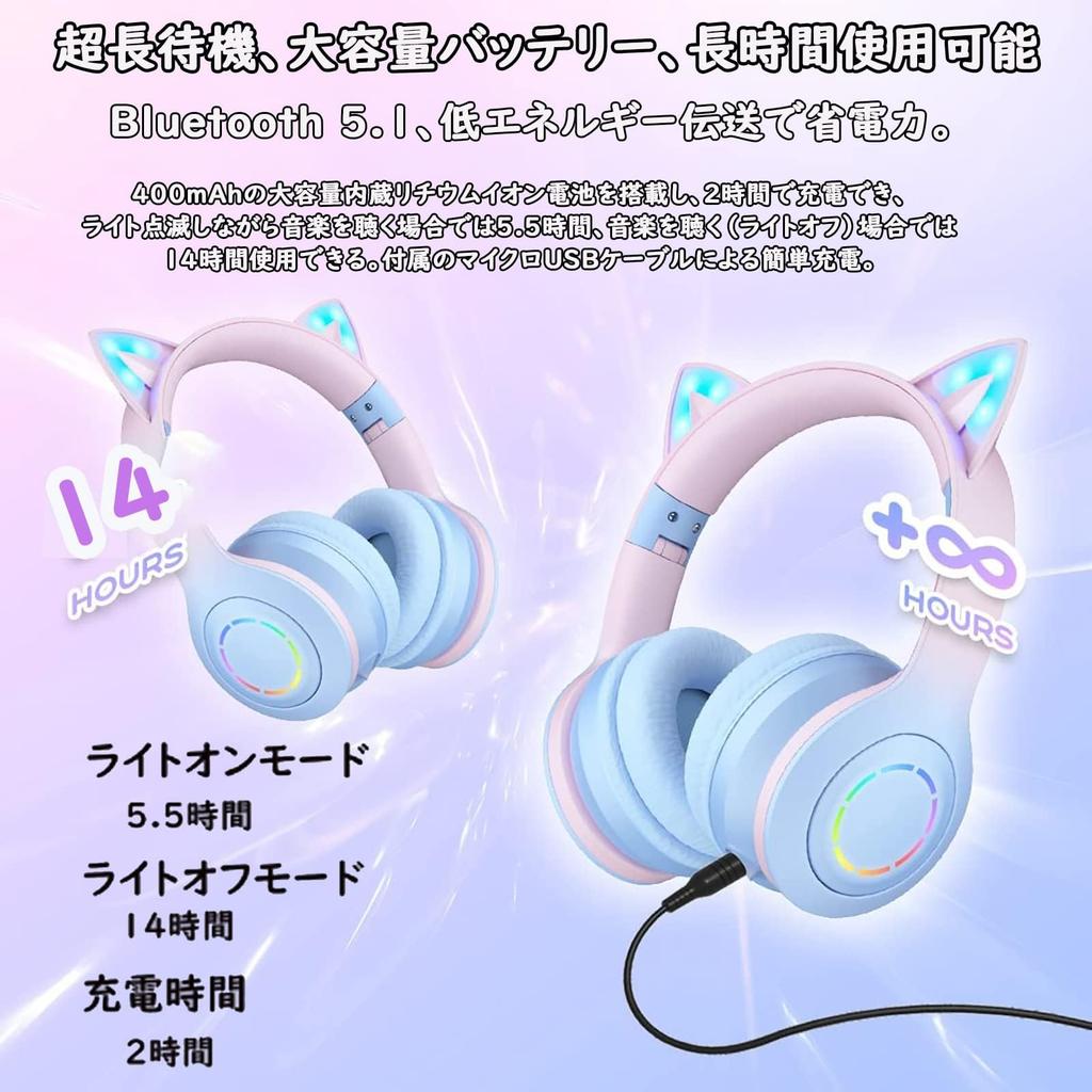 Cute Cat Ear Headphones, Bluetooth 5.1 Wireless Headphones with Detachable Noise-Canceling Microphone, HiFi Stereo, WiredWireless, Dual-Use Gaming