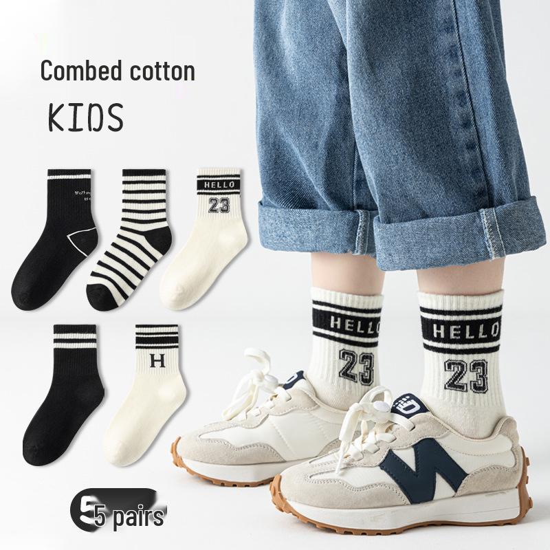 Boys' and Girls' Mid-Calf Cotton Socks - Autumn/Winter Deodorant Trendy Letter Design for Children