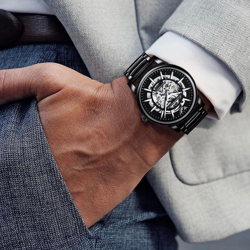 Popular Men's Black Warrior Hollow Mechanical Watch - Stylish, Waterproof, Luminous, Automatic