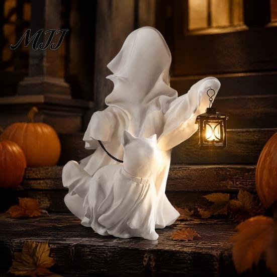 Harzhandwerk für Gartendekoration Halloween-Geist mit Laterne & Laufende Katzenfigur, Elegante Dekorationsfigur Eingangsbereich Wohnkultur Kamin