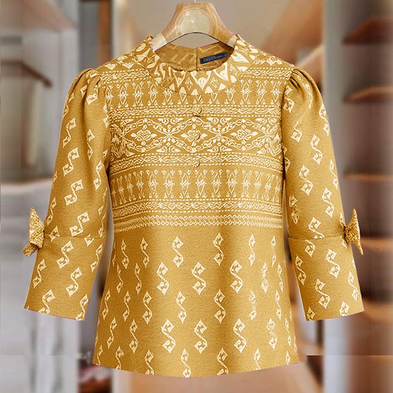 ZANZEA Women Casual Round Neck Ethnic Print 3/4 Sleeve Blouse