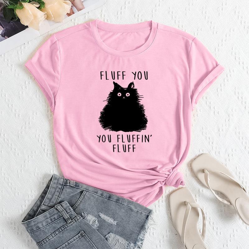 Summer Women's Letter Cat Print Round Neck Loose Casual Pure Cotton Short Sleeved T-shirts Women's