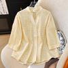 2025 summer new stand-up collar five-quarter sleeve embroidered cotton and linen shirt women's fresh loose and thin cardigan top
