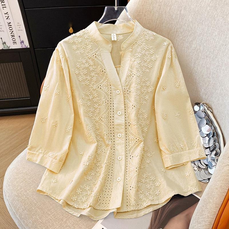 2025 summer new stand-up collar five-quarter sleeve embroidered cotton and linen shirt women's fresh loose and thin cardigan top