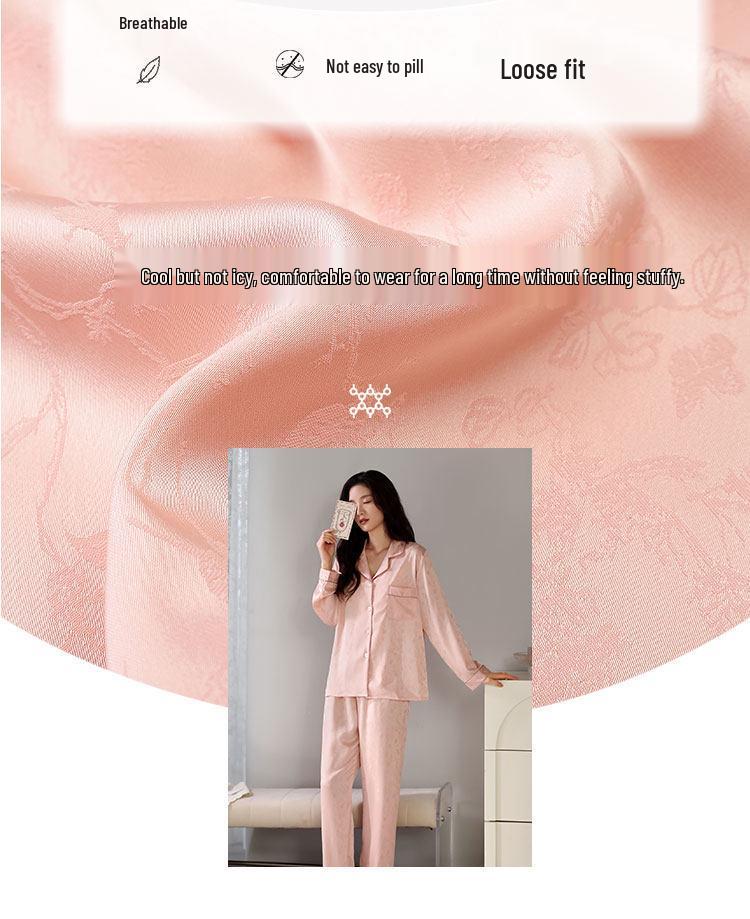 Women's Ice Silk Pajama Set: Spring & Autumn Long Sleeve, Light Luxury Style, Suitable for Indoor & Outdoor Wear.