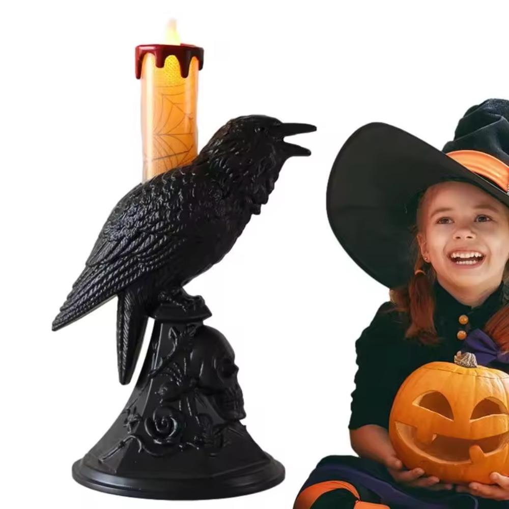 Realistic Black Crow Statue Glowing Candlestick Luminous Table Lamp Raven LED Candles Bar