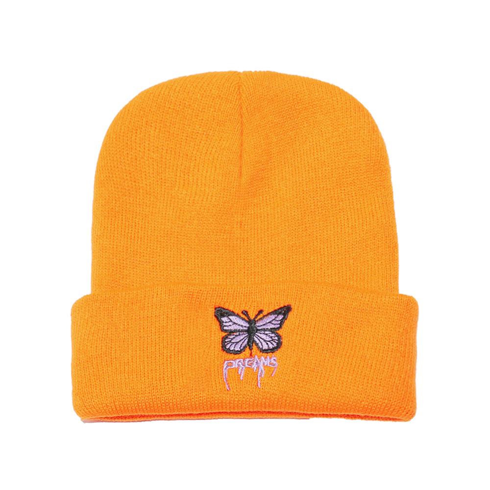 

Осень и зима новые теплые мужские и женские шапки-пуловеры шерстяные шапки милая вышивка бабочки и букв вязаные шапки женские M（56-58cm） оранжевый