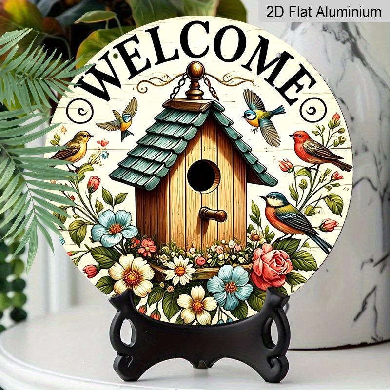 2D Flat Birdhouse Floral Welcome Doorplate, Aluminum Decorative Sign and Plaque, Various Sizes. Colorful Birds and Flowers, Rustic Farmhouse Hanging