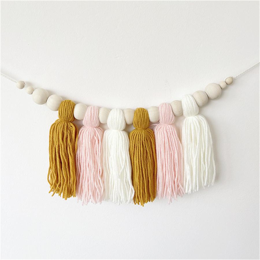 Boho Cotton Tassel Garland Wall Decoration with Wooden Beads Nursery Decor for Baby Room Tent Hanging Pendant Photo Props