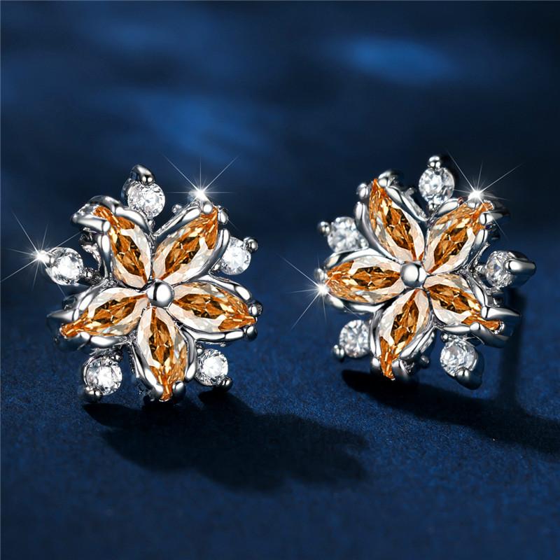 Luxury Female Red Stone Flower Stud Earrings Silver Color Zircon Wedding Jewelry For Women