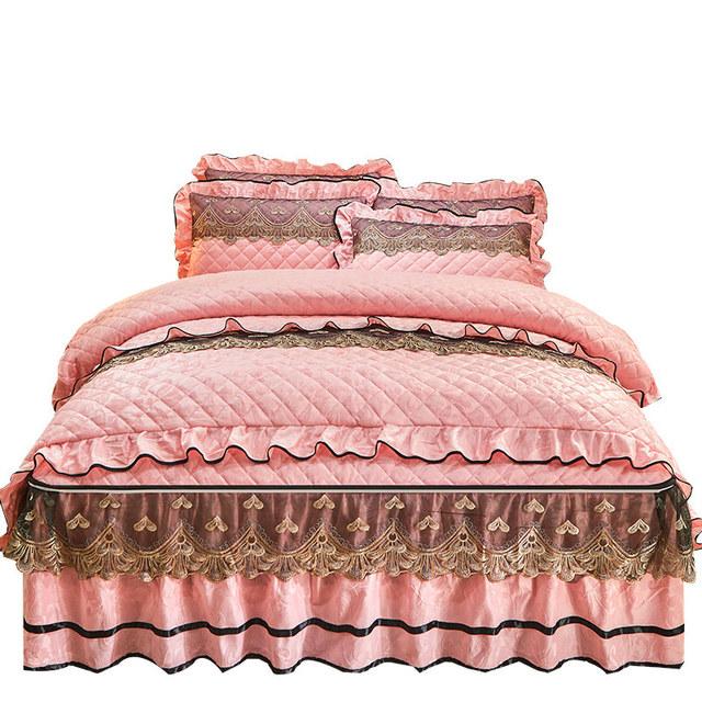 Quilted Velvet Duvet Cover Set Double Bed 220x240 King Size Embroidery Lace Luxury Quilt Cover Solid 2 Pillowcases Soft