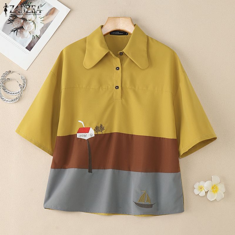 ZANZEA Damska casualowa luźna bluzka z krótkim rękawem, z kołnierzykiem i nadrukiem