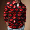 Trendy long-sleeve zip polo shirt with sparkling heart print, stylish casual men's top.