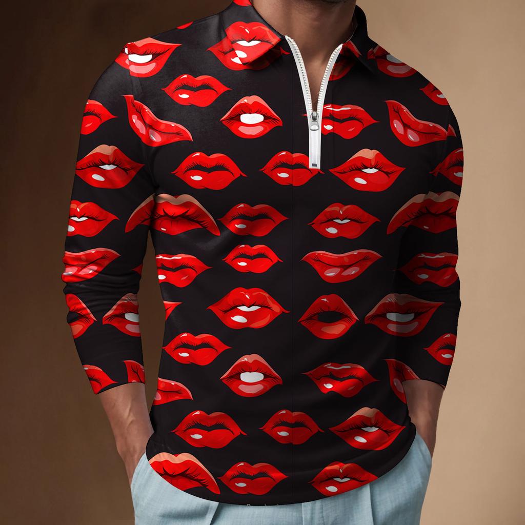 Trendy long-sleeve zip polo shirt with sparkling heart print, stylish casual men's top.