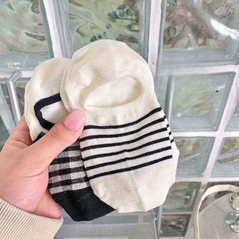 Striped Socks, Women's Boat Socks, Trendy Cotton Socks, Summer Thin, College Black and White Short Socks, Spring and Summer Invisible Socks