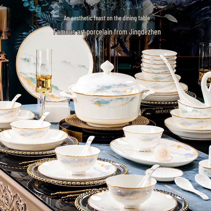 Jingdezhen Landscape Ceramic Dinnerware Set 56-piece with Rich Pot