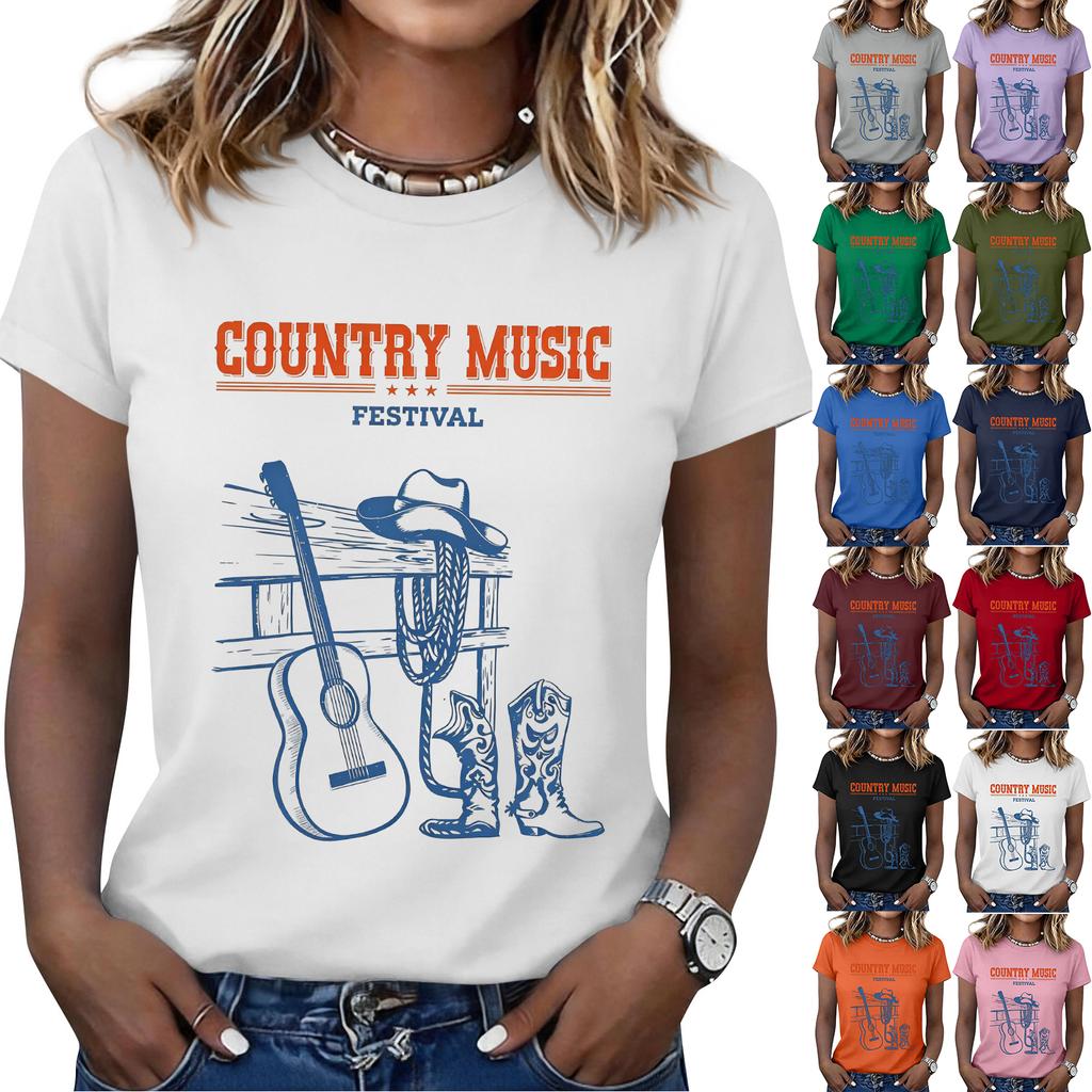Women's Casual Short Sleeve Neck T-Shirt with Music Print for Everyday Wear