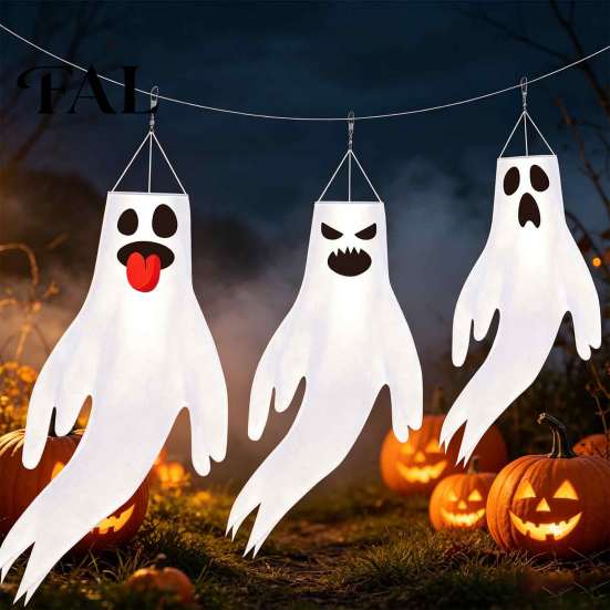 Reusable Party Supplies 44 Inch Halloween Hanging Ghost Windsock, White Flying Ghosts Flag Wind Atmosphere Props Socks for Tree, Outdoor Yard