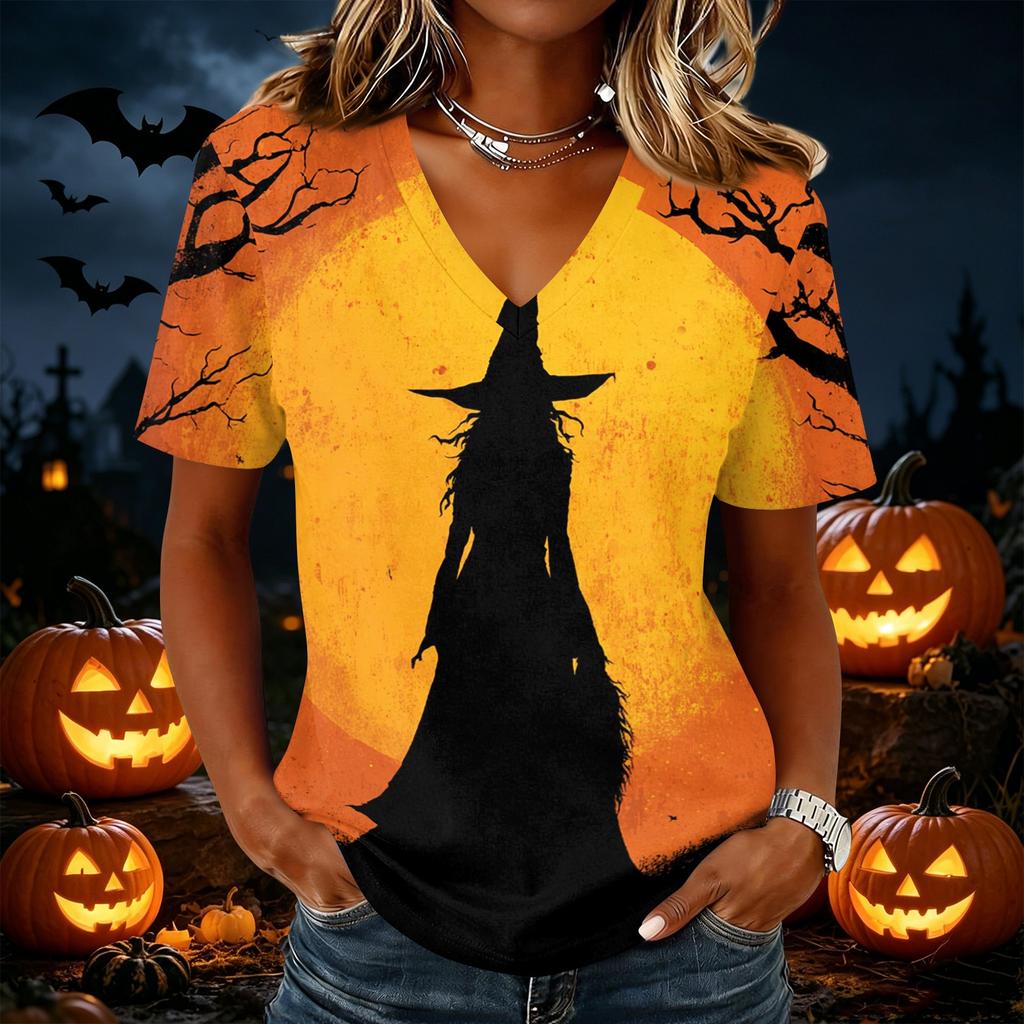 Womens Casual Short Sleeve Pullover Top V Neck Halloween Pumpkin Print Shirt Lightweight Comfortable Fit