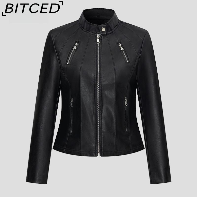 BITCED Autumn Slim-Fit Women's Leather Jacket Slim-Fit Outerwear Leather Clothing for Women