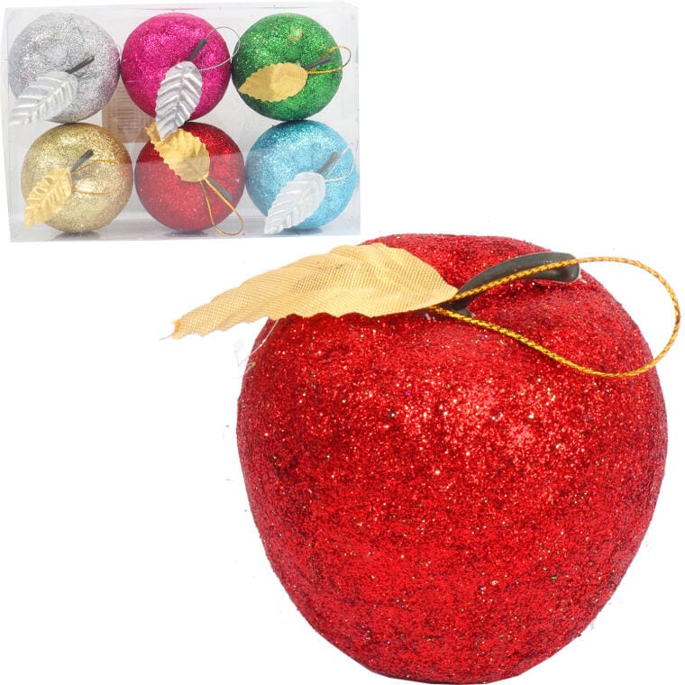 Set of 6 Multicolored Plastic Apple-Shaped Baubles with Glitter