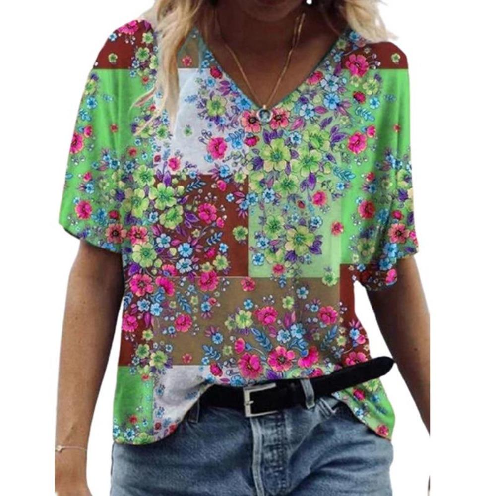 Summer New Women's T-shirt 3D Elegant Atmosphere V-neck Short Sleeve Shirt Fashion