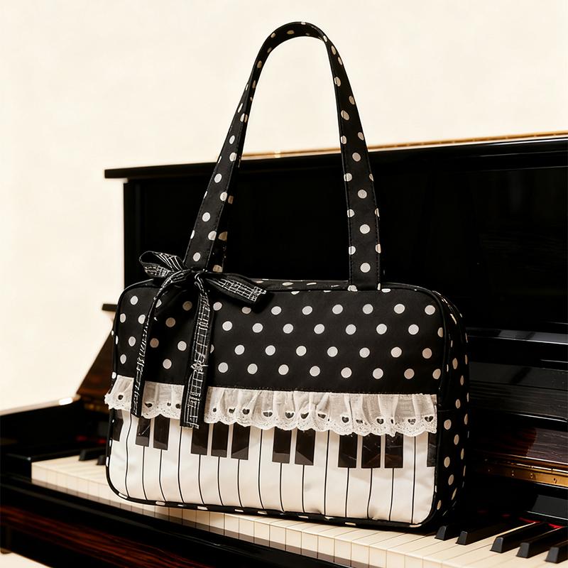 Black Polka Dot Handbag Women Piano Design Shoulder Bag Lace Trim Butterfly Ribbon Underarm Bag Fashion Musical Note Tote Bag