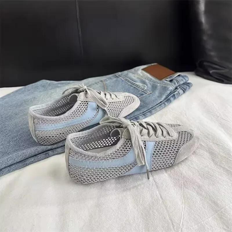 Women 2026 Casual and Comfortable Shoes Summertime Flat Lace-up Shoes Women Genuine Leather Mesh Ventilation Sneakers