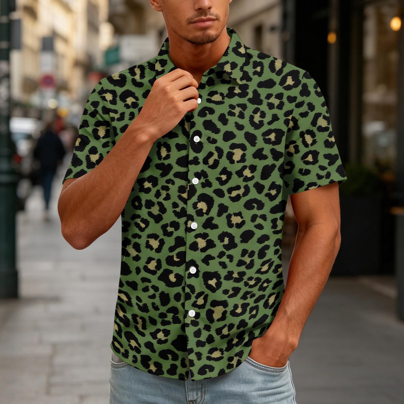 Men s Casual Short Sleeve Button Down Shirt Leopard Print Fashion Summer Vacation Relaxed Fit Shirt with Turn Down Collar XXXXXL