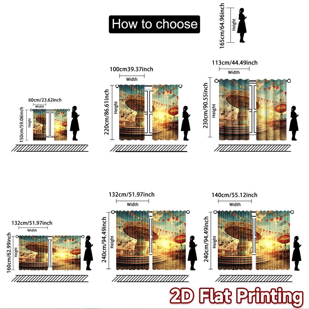 2D flat printing 2pcs Window Curtains Carnival Swing Ride Sunny Day Digital Printed Polyester Drapes Birthday Party Use for